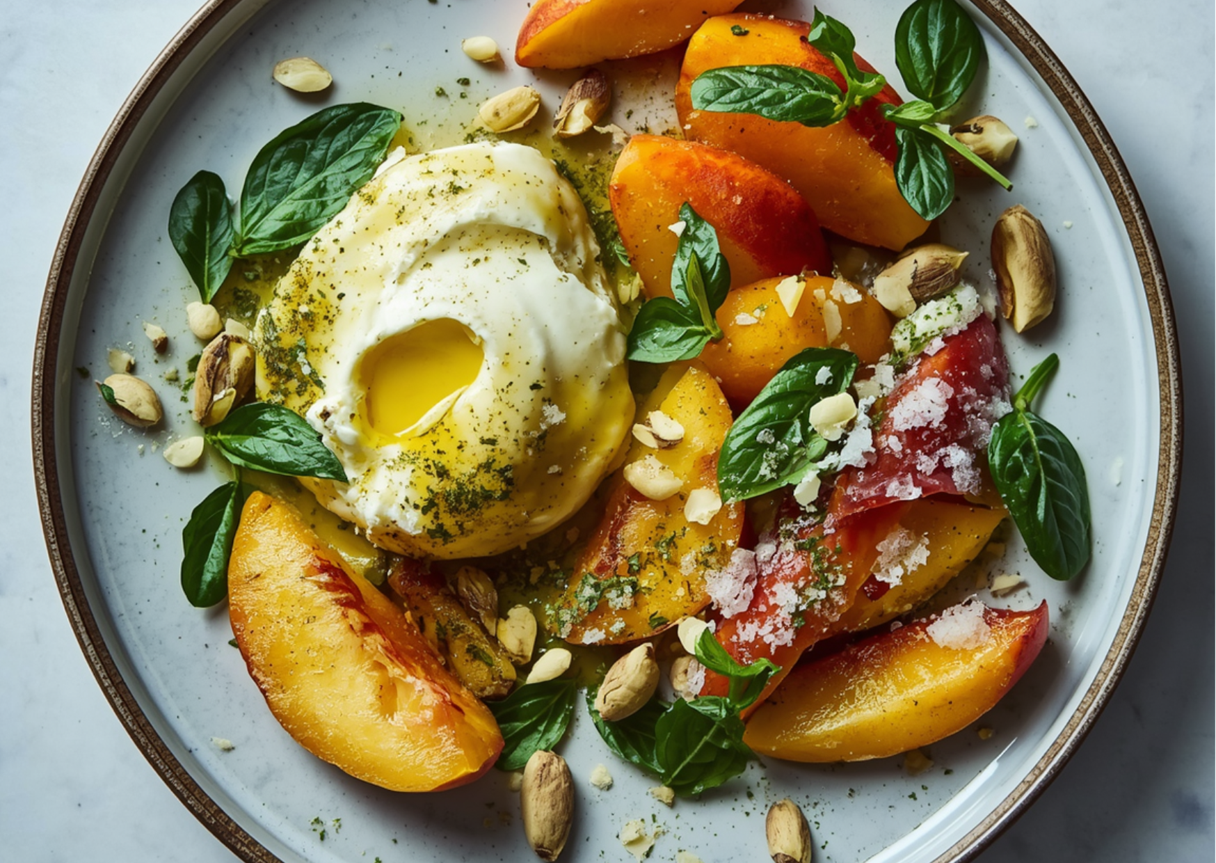 Gerösteter Pfirsich mit Burrata, Oregano-Honig & Pistazien 